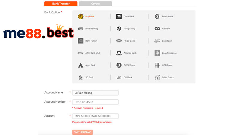 Rút tiền Me88 qua ngân hàng truyền thống